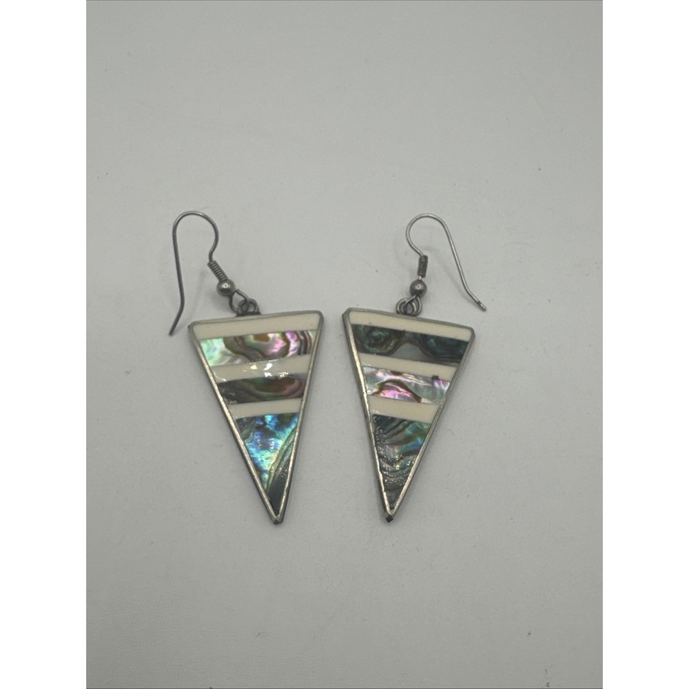 Vintage Mexico Alpaca Sterling Silver Abalone Dangle Drop Earrings